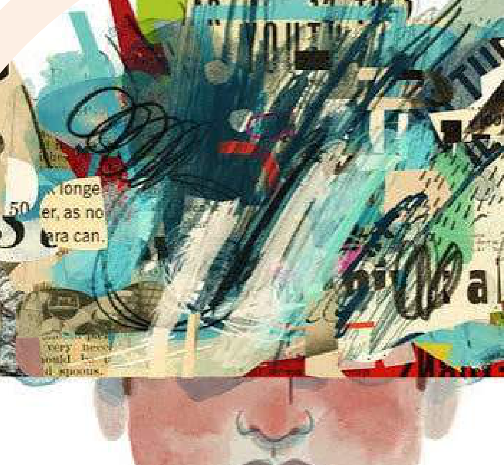 A human face profile in which the upper head explodes into a vibrant collage of abstract shapes, text fragments, and paint splashes representing mental adaptation and resilience.