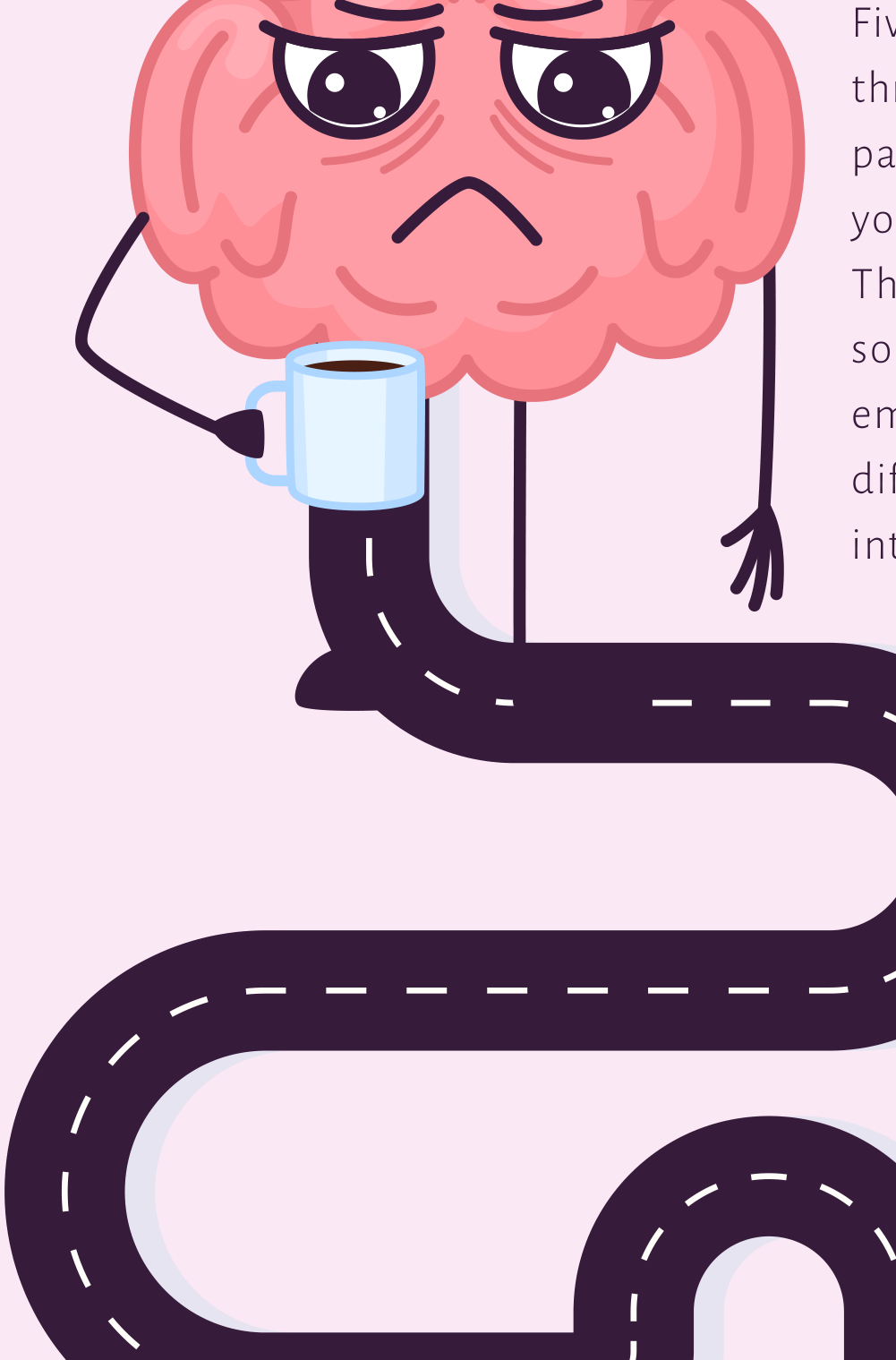 A cartoon brain character holding a coffee mug, its lower body transforming into a winding, dashed road snaking downward.