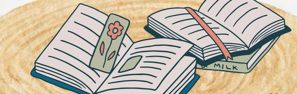 Hand-drawn illustration of open books on a textured circular surface with bookmark and flower motifs.